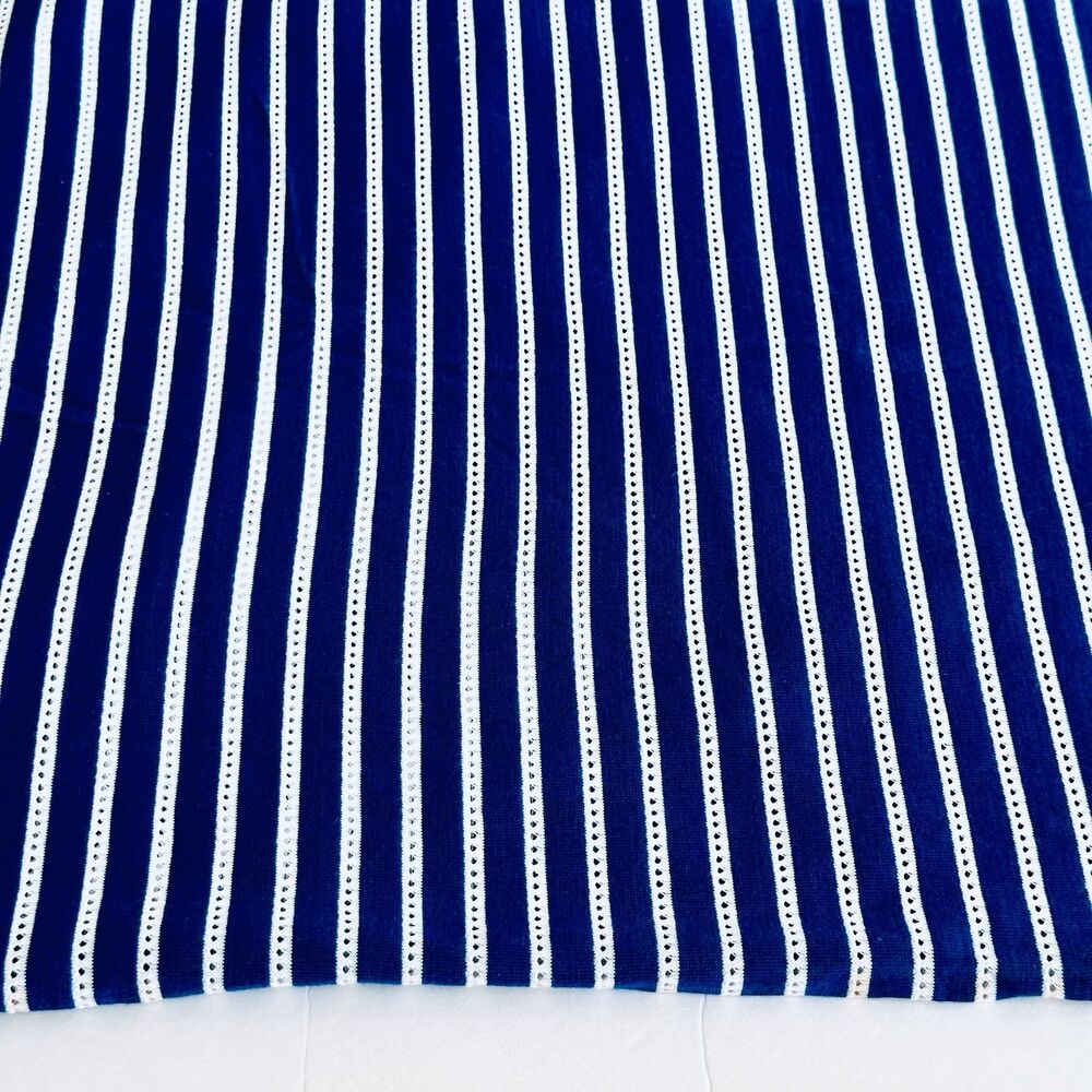 Navy Blue Stripe Knit Fabric Vintage 70s Knit PERFORATED Cotton Blend 53 x 63"